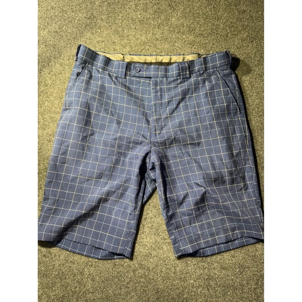 Blue Plaid Golf Shorts Mens 38 Windowpane Check Polyester Flat Front Casual